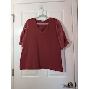 Red short sleeve top with floral sleeves